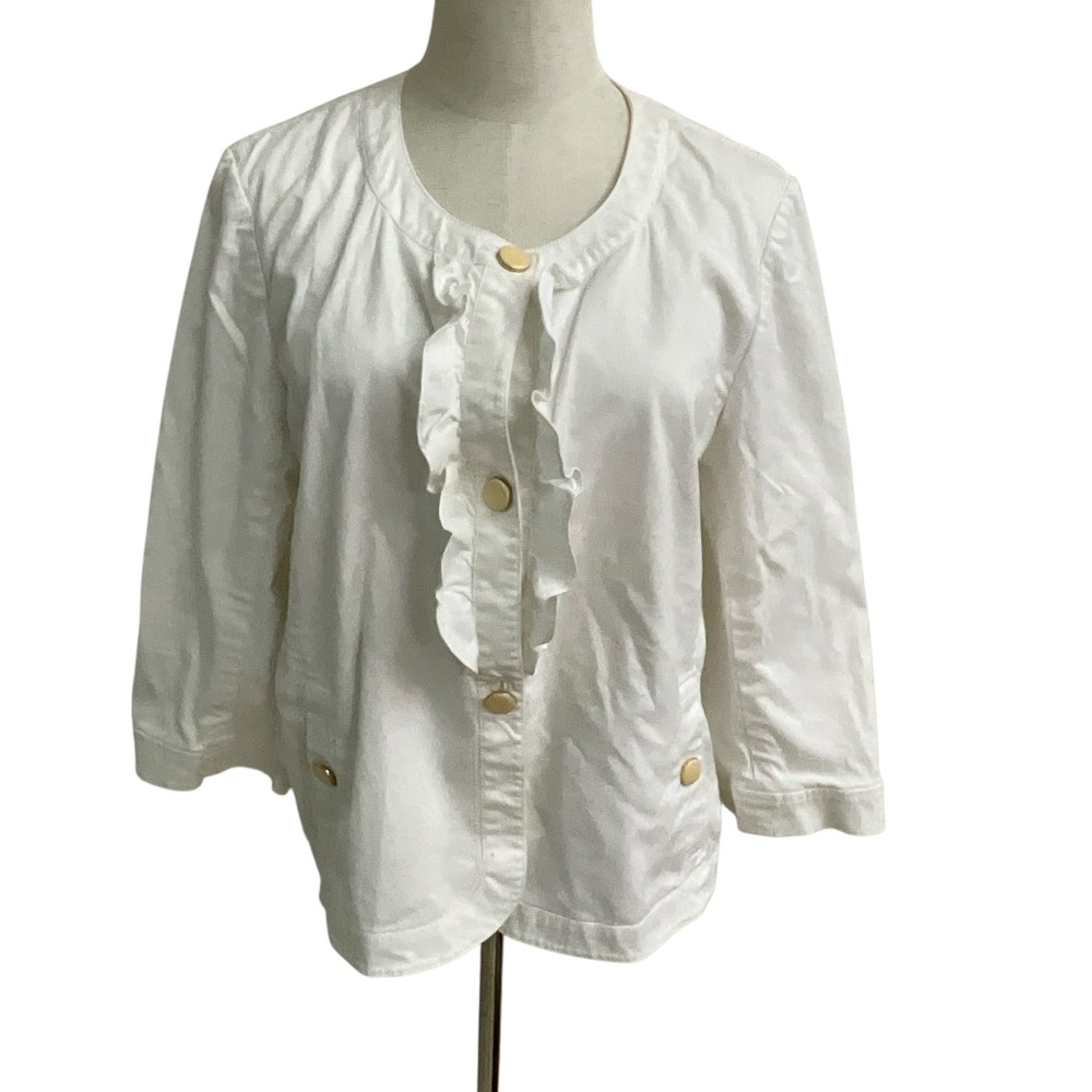Talbots Petites White Ruffle Front Button Up Jacket Cotton Blend 3/4 Sleeve‎